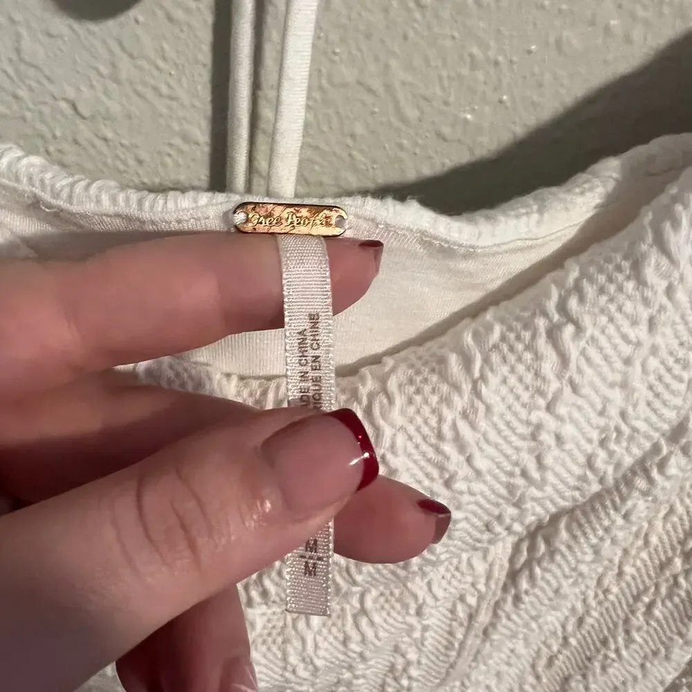 Free People Brittany White Ribbed Puff Sleeve Top Long Sleeve Size M